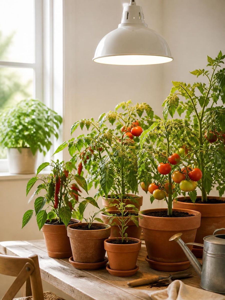 Tomaten- und Chilipflanzen in Tontöpfen unter einer Lampe